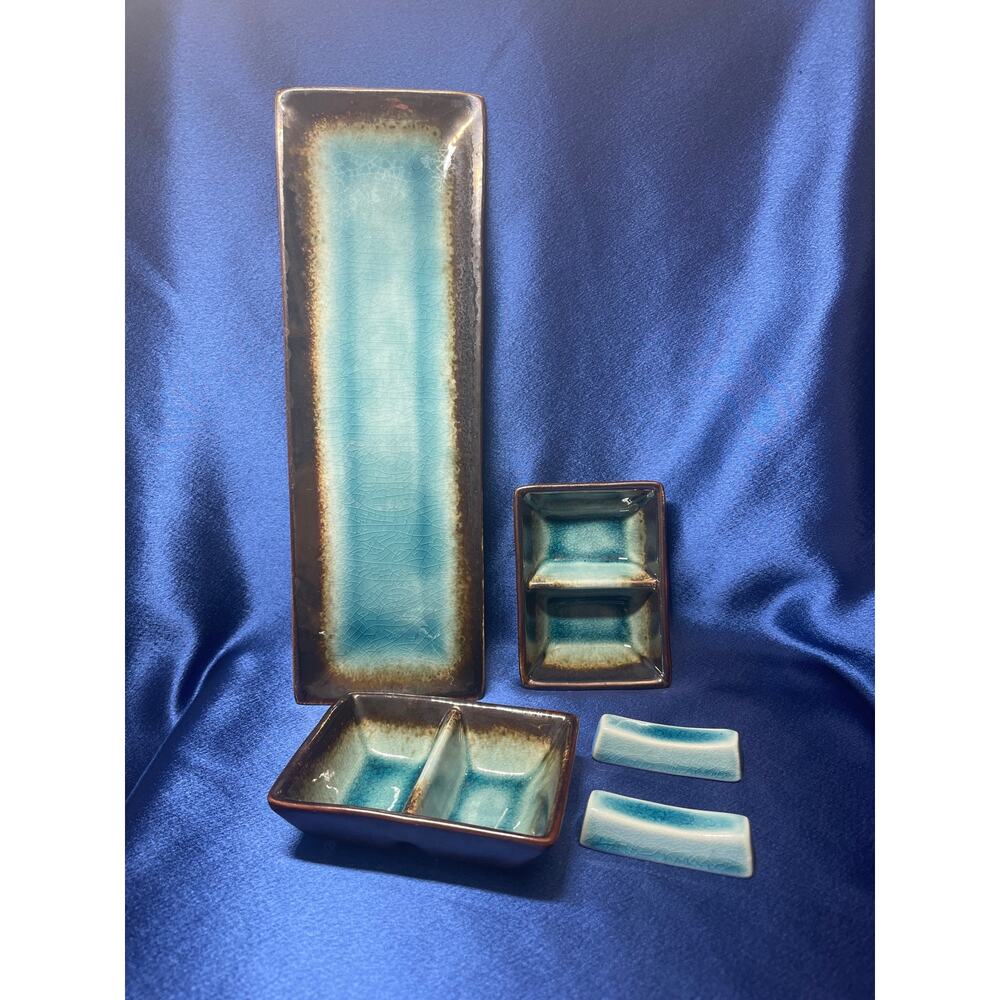 Elite Sushi Plater Side Dishes and Chopstick Holders Blue Aqua Color